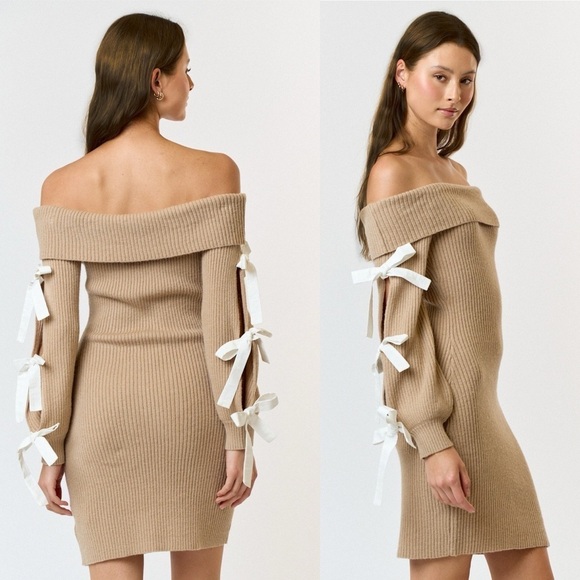 117. Ballet Core Long Sleeve Sweater Dress with Ribbon Detailing Color Latte - Picture 1 of 3